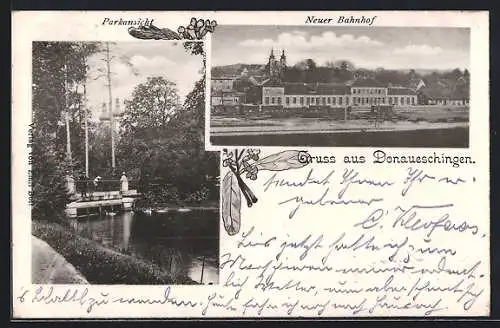 AK Donaueschingen, Neuer Bahnhof von der Donau aus, Parkansicht mit Brücke