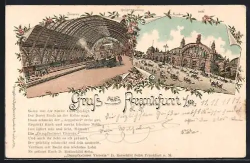 Lithographie Frankfurt a. M., Hauptbahnhof mit Innen- und Aussenansicht