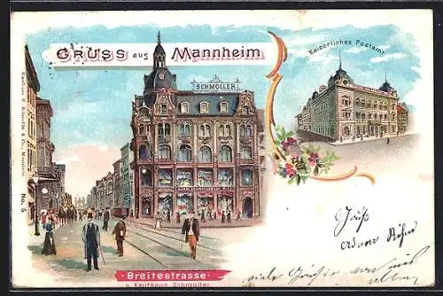 Lithographie Mannheim, Breitestrasse u. Kaufhaus Schmoller, Kaiserl. Postamt