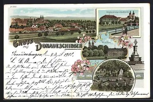 Lithographie Donaueschingen, Totalansicht, Schützenbrücke mit Stadtkirche, Donauquelle