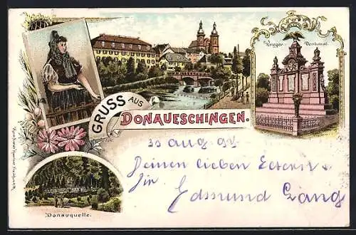 Lithographie Donaueschingen, Krieger-Denkmal, Donauquelle