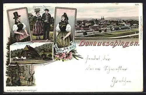 Lithographie Donaueschingen, Schwarzwälder Bauernhaus und Volkstrachten, Hirsch, Ortsansicht mit Umgebung