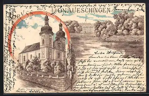 Lithographie Donaueschingen, Katholische Kirche und Pfaueninsel