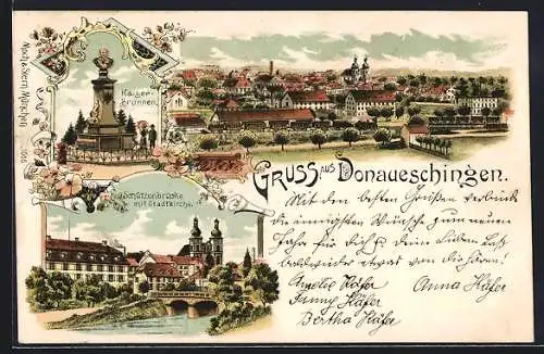 Lithographie Donaueschingen, Totalansicht, Kaiser-Brunnen, Schützenbrücke mit Stadtkirche