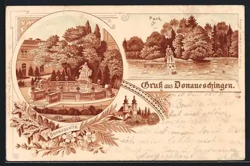 Lithographie Donaueschingen, Donauquelle mit Figurengruppe, Parkpartie mit Statue