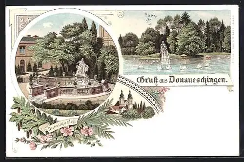 Lithographie Donaueschingen, Park, Donauquelle