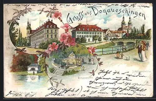 Lithographie Donaueschingen, Donauquelle, Schützenbrücke, Fischhaus, Schloss