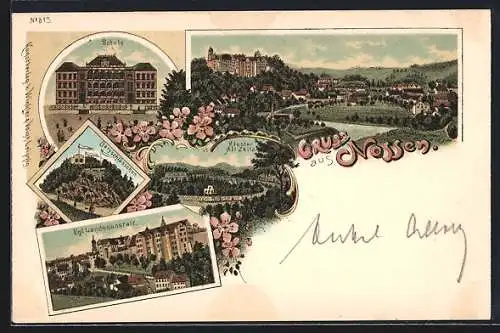 Lithographie Nossen, Kgl. Landesanstalt, Bergschlösschen, Gesamtansicht mit Landstrasse