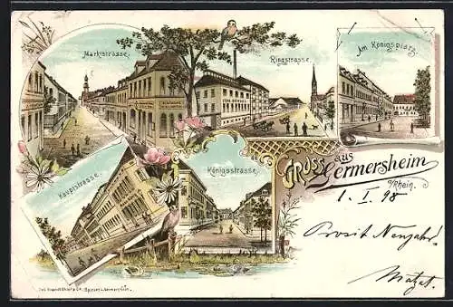 Lithographie Germersheim, Marktstrasse, Ringstrasse, Am Königsplatz, Königsstrasse, Hauptstrasse