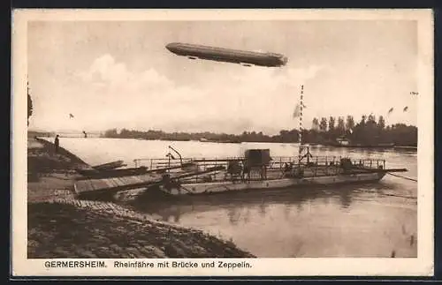 AK Germersheim, Zepplin über der Rheinfähre