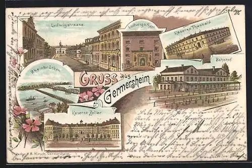 Lithographie Germersheim, Kaserne Theobald, Rheinbrücken, Bahnhof, Ludwigstrasse