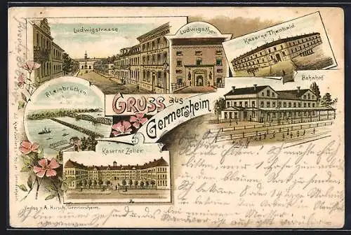 Lithographie Germersheim, Bahnhof, Kaserne Theobald, Kaserne Zoller, Ludwigstrasse