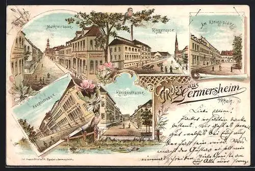 Lithographie Germersheim, Marktstrasse m. Buchdruckerei v. Julius Kranzbühler, Ringstrasse