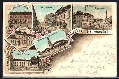 Lithographie Germersheim, Synagoge, Ringstrasse mit Fabrik Gebr. Berkel, Hauptstrasse, Kaserne Stengel