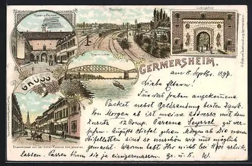 Lithographie Germersheim, Lilienstrasse v. d. Zoller-Kaserne, Bahnhof, Ludwigsthor, Kaserne Seyssel