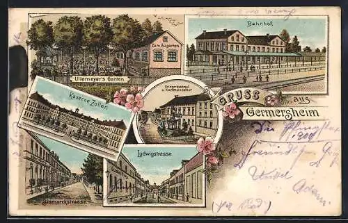 Lithographie Germersheim, Bahnhof, Kaserne Zoller, Ludwigstrasse und Bismarckstrasse