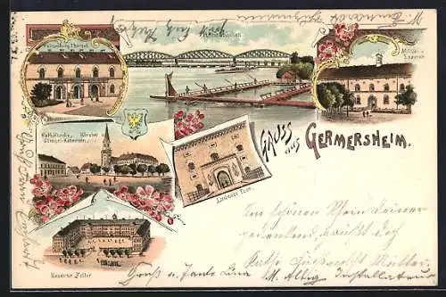 Lithographie Germersheim, Rheinbrücke, Militär-Lazaret, Ludwigs Thor, Kaserne Zoller