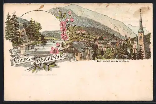 Lithographie Reichenhall, Hotel am Thumsee, Blick vom Gradirhaus