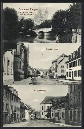 AK Donaueschingen, Karlstrasse mit Geschäften, Josefstrasse mit Bank, Schützenbrücke