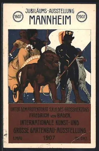 AK Mannheim, Int. Kunst- und Gartenbauausstellung 1907, Greif und Löwe vor einem Streitwagen