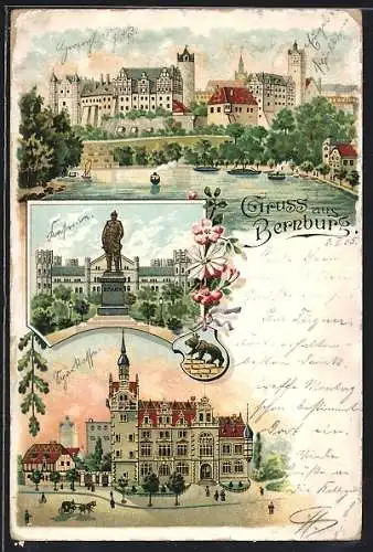 Lithographie Bernburg, Teilansicht mit Schloss, Partie am Kreishaus