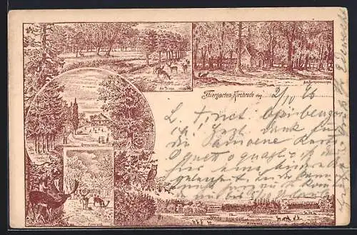 Lithographie Kirchrode, Restaurant im Tiergarten, Borkenhäuschen, Teich, Wildwiese und Fütterung