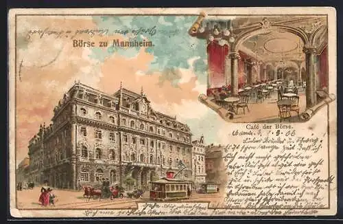 Lithographie Mannheim, Börse mit Strassenbahn, Café des Börse