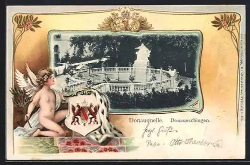 Passepartout-Lithographie Donaueschingen, Donauquelle, Engel mit Wappen