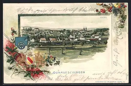 Passepartout-Lithographie Donaueschingen, Totalansicht mit Wappen und Eichenzweig