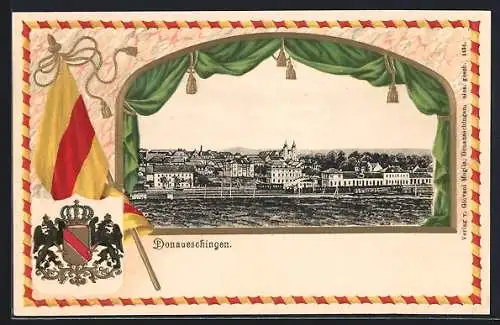 Passepartout-Lithographie Donaueschingen, Bahnhof mit Fahne und Wappen