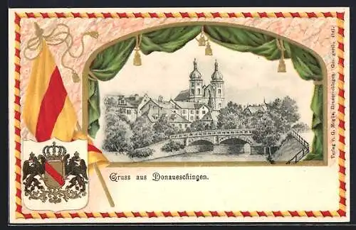 Passepartout-Lithographie Donaueschingen, Partie an der Donaubrücke, Wappen, Fahne