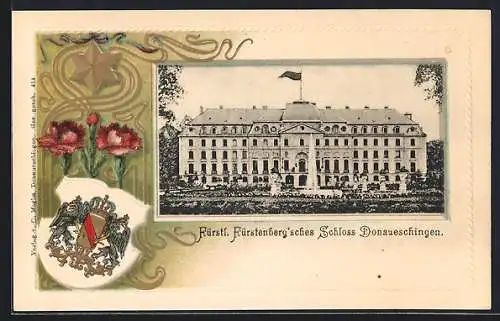 Passepartout-Lithographie Donaueschingen, Fürstl. Fürstenberg`sches Schloss mit Wappen