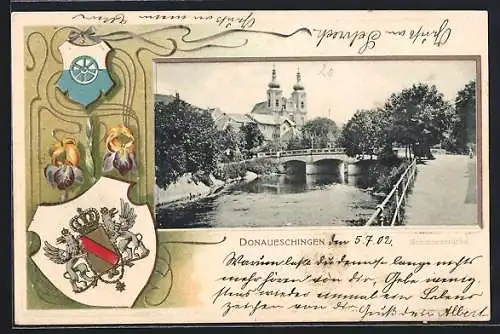 Passepartout-Lithographie Donaueschingen, Schützenbrücke mit Blick zur Kirche, Wappen