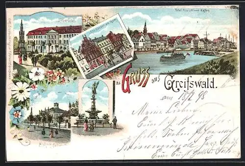 Lithographie Greifswald, Universität, Bahnhofstrasse, Alte Häuser am Markt, Totalansicht vom Hafen