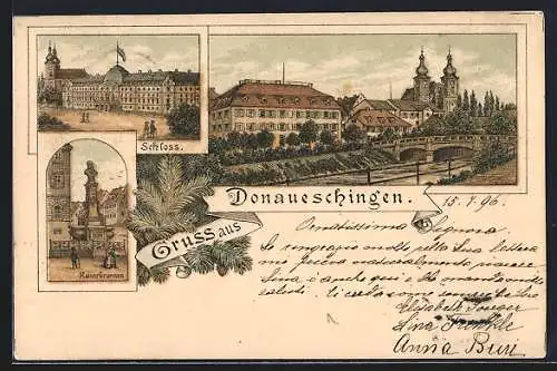 Lithographie Donaueschingen, Schloss, Kaiserbrunnen und Flusspartie