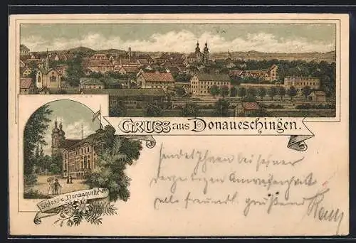 Lithographie Donaueschingen, Schloss und Donauquelle, Totalansicht