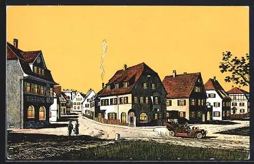 Künstler-AK Eugen Felle: Donaueschingen, Käferstrasse, Ecke Wasserstrasse, nach dem Riesenbrande 1908