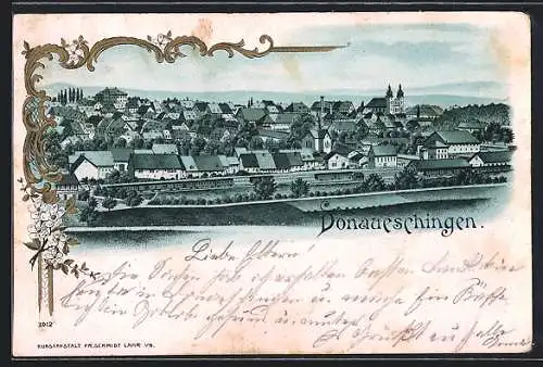 Lithographie Donaueschingen, Stadtansicht aus der Vogelschau