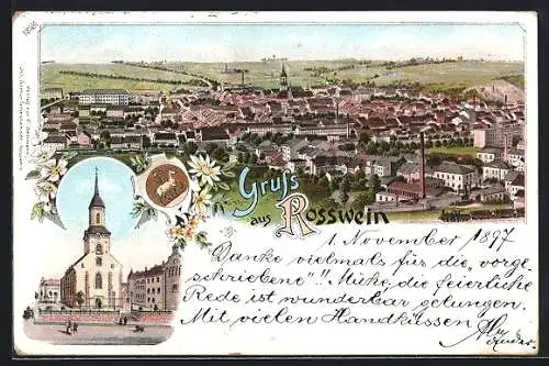 Lithographie Rosswein, Platz mit Kirche, Panorama