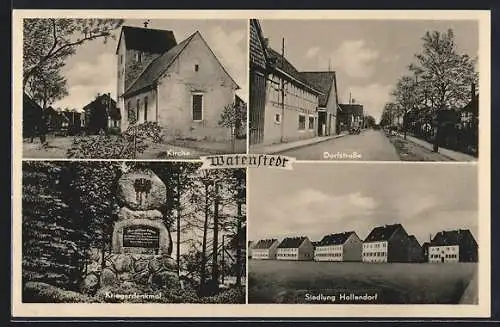 AK Watenstedt / Braunschweig, Dorfstrasse, Siedlung Hallendorf, Kirche und Kriegerdenkmal