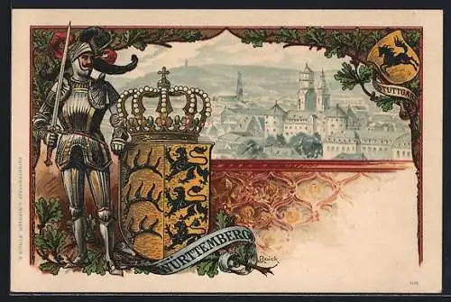 Passepartout-Lithographie Stuttgart, Ortsansicht aus der Vogelschau, Wappen des Landes Württemberg