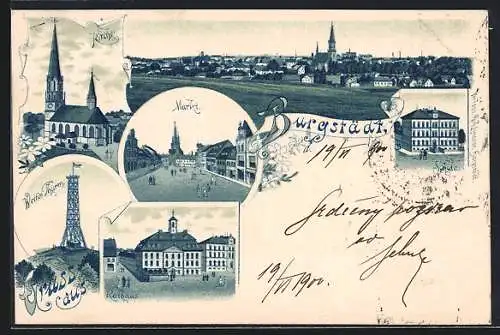 Lithographie Burgstädt / Sachsen, Rathaus, Schule, Wettinturm, Markt, Kirche, Panorama