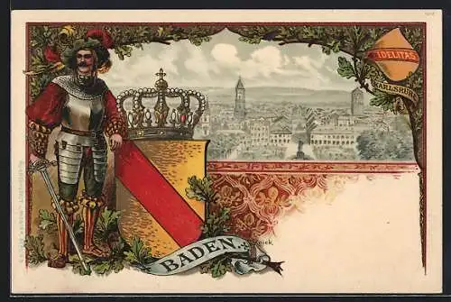 Lithographie Karlsruhe, Gesamtansicht, Wappen und Adliger von Baden mit Schwert