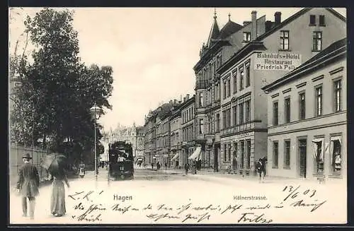 AK Hagen / Westfalen, Kölnerstrasse mit Bahnhofs-Hotel Friedrich Falke und Strassenbahn