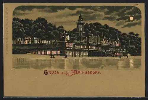 Mondschein-Lithographie Heringsdorf / Seebad, Gasthof am Strand