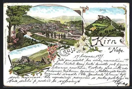 Lithographie Kirn a. Nahe, Ortsansicht mit Überrresten der Burg
