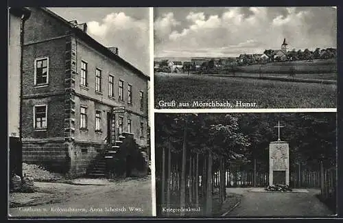 AK Mörschbach /Hunsr., Gasthaus und Kolonialwarenhandlung von Anna Schorsch, Kriegerdenkmal