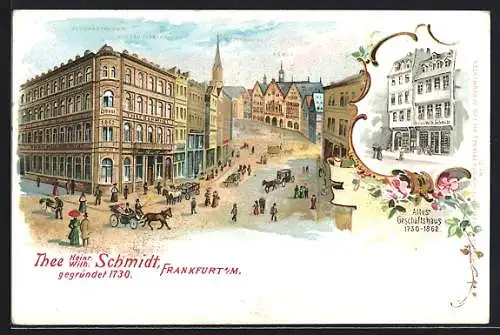 Lithographie Alt-Frankfurt, Geschäftshaus Thee von Heinrich Wilhelm Schmidt mit Römer und Nikolaikirche