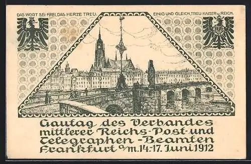 Künstler-AK Frankfurt a. M., Gautag d. Verbandes mittlerer Reichspost- u. Telegraphen-Beamten 1912, Mainpartie u. Wappen