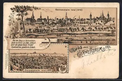 Lithographie Germersheim a. Rhein, Totalansicht anno 1645, Totalansicht anno 1898